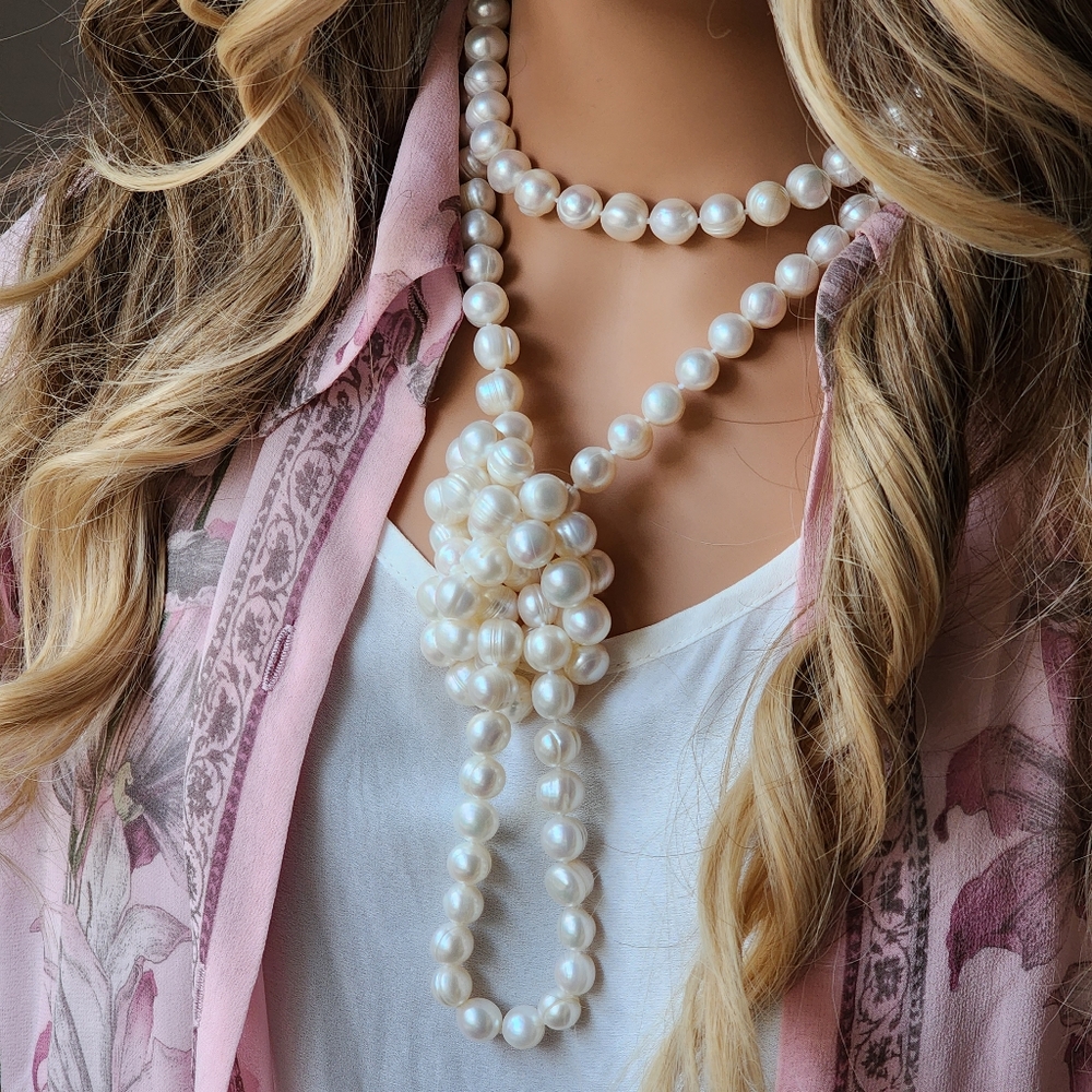 Natural Freshwater Pearls Long Necklace Large Genuine Pearl Neiman Marcus - Picture 12 of 14